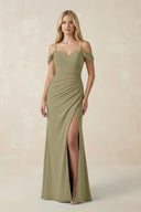 Off - the - Shoulder Sheath Chiffon Ruched Bridesmaid Dress in Thyme - SHE IS ME Bridesmaid Dresses
