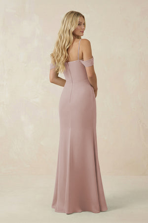 Off-the-Shoulder Sheath Chiffon Ruched Bridesmaid Dress in Toffee (2) | KISSBRIDAL