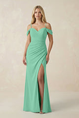 Off - the - Shoulder Sheath Chiffon Ruched Bridesmaid Dress in Turquoise - KISS BRIDAL Bridesmaid Dresses