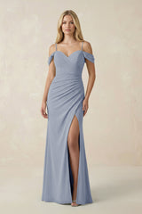 Off - the - Shoulder Sheath Chiffon Ruched Bridesmaid Dress in Twilight - KISS BRIDAL Bridesmaid Dresses