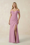 Off - the - Shoulder Sheath Chiffon Ruched Bridesmaid Dress in Vintage Mauve - SHE IS ME Bridesmaid Dresses