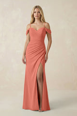 Off - the - Shoulder Sheath Chiffon Ruched Bridesmaid Dress in Wild Rose - KISS BRIDAL Bridesmaid Dresses
