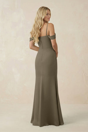 Off - the - Shoulder Sheath Chiffon Ruched Bridesmaid Dress in Willow Green - SHE IS ME Bridesmaid Dresses