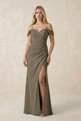 Off - the - Shoulder Sheath Chiffon Ruched Bridesmaid Dress in Willow Green - KISS BRIDAL Bridesmaid Dresses