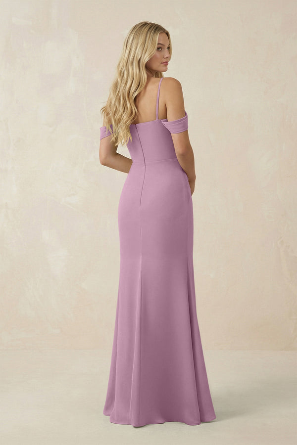Off - the - Shoulder Sheath Chiffon Ruched Bridesmaid Dress in Wisteria - SHE IS ME Bridesmaid Dresses