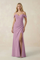 Off - the - Shoulder Sheath Chiffon Ruched Bridesmaid Dress in Wisteria - KISS BRIDAL Bridesmaid Dresses
