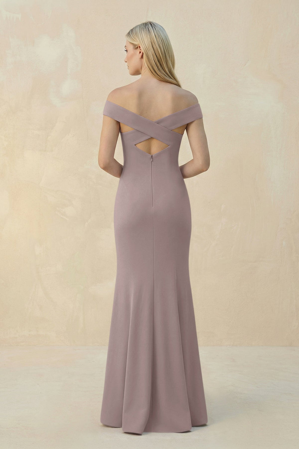 Off - the - Shoulder Sheath Matte Satin Bridesmaid Dress in Almond - KISS BRIDAL Bridesmaid Dresses