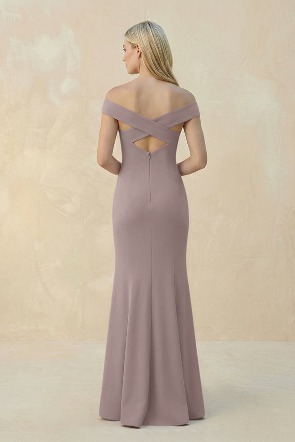 Off - the - Shoulder Sheath Matte Satin Bridesmaid Dress in Almond - KISS BRIDAL Bridesmaid Dresses