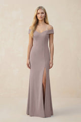 Off - the - Shoulder Sheath Matte Satin Bridesmaid Dress in Almond - KISS BRIDAL Bridesmaid Dresses