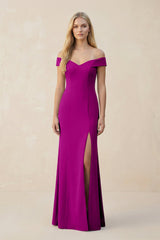 Off - the - Shoulder Sheath Matte Satin Bridesmaid Dress in Amethyst - KISS BRIDAL Bridesmaid Dresses