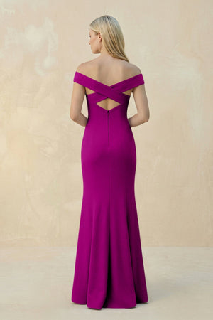 Off - the - Shoulder Sheath Matte Satin Bridesmaid Dress in Amethyst - KISS BRIDAL Bridesmaid Dresses
