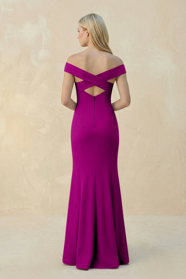 Off - the - Shoulder Sheath Matte Satin Bridesmaid Dress in Amethyst - KISS BRIDAL Bridesmaid Dresses