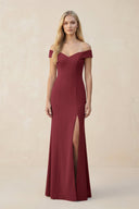 Off - the - Shoulder Sheath Matte Satin Bridesmaid Dress in Berry - KISS BRIDAL Bridesmaid Dresses
