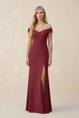 Off - the - Shoulder Sheath Matte Satin Bridesmaid Dress in Berry - KISS BRIDAL Bridesmaid Dresses