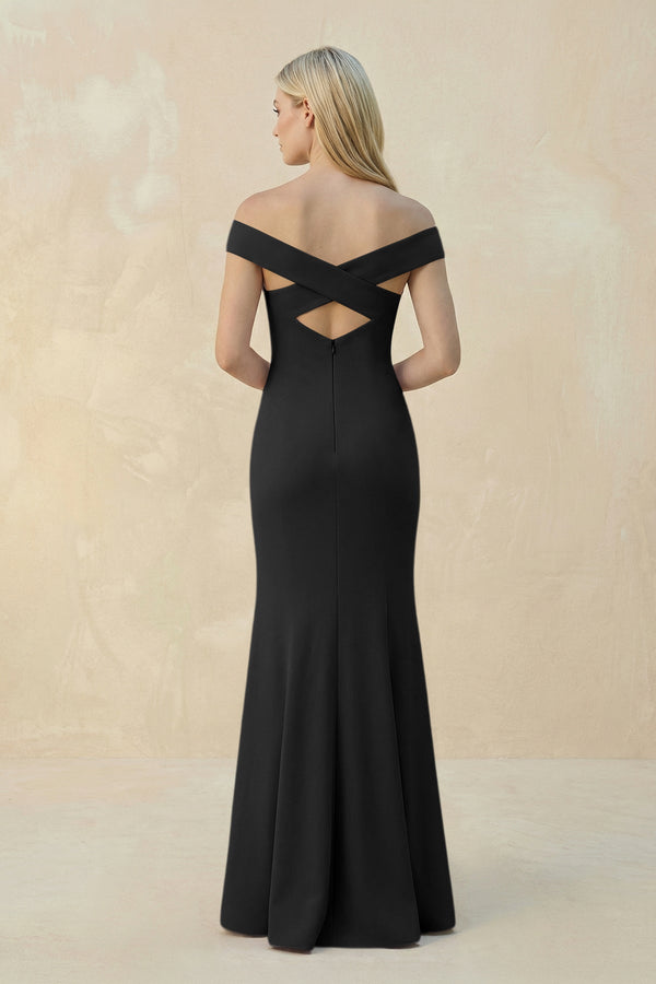 Off - the - Shoulder Sheath Matte Satin Bridesmaid Dress in Black - KISS BRIDAL Bridesmaid Dresses