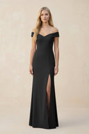 Off - the - Shoulder Sheath Matte Satin Bridesmaid Dress in Black - KISS BRIDAL Bridesmaid Dresses