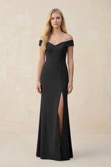 Off - the - Shoulder Sheath Matte Satin Bridesmaid Dress in Black - KISS BRIDAL Bridesmaid Dresses