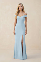 Off - the - Shoulder Sheath Matte Satin Bridesmaid Dress in Bleached Aqua - KISS BRIDAL Bridesmaid Dresses
