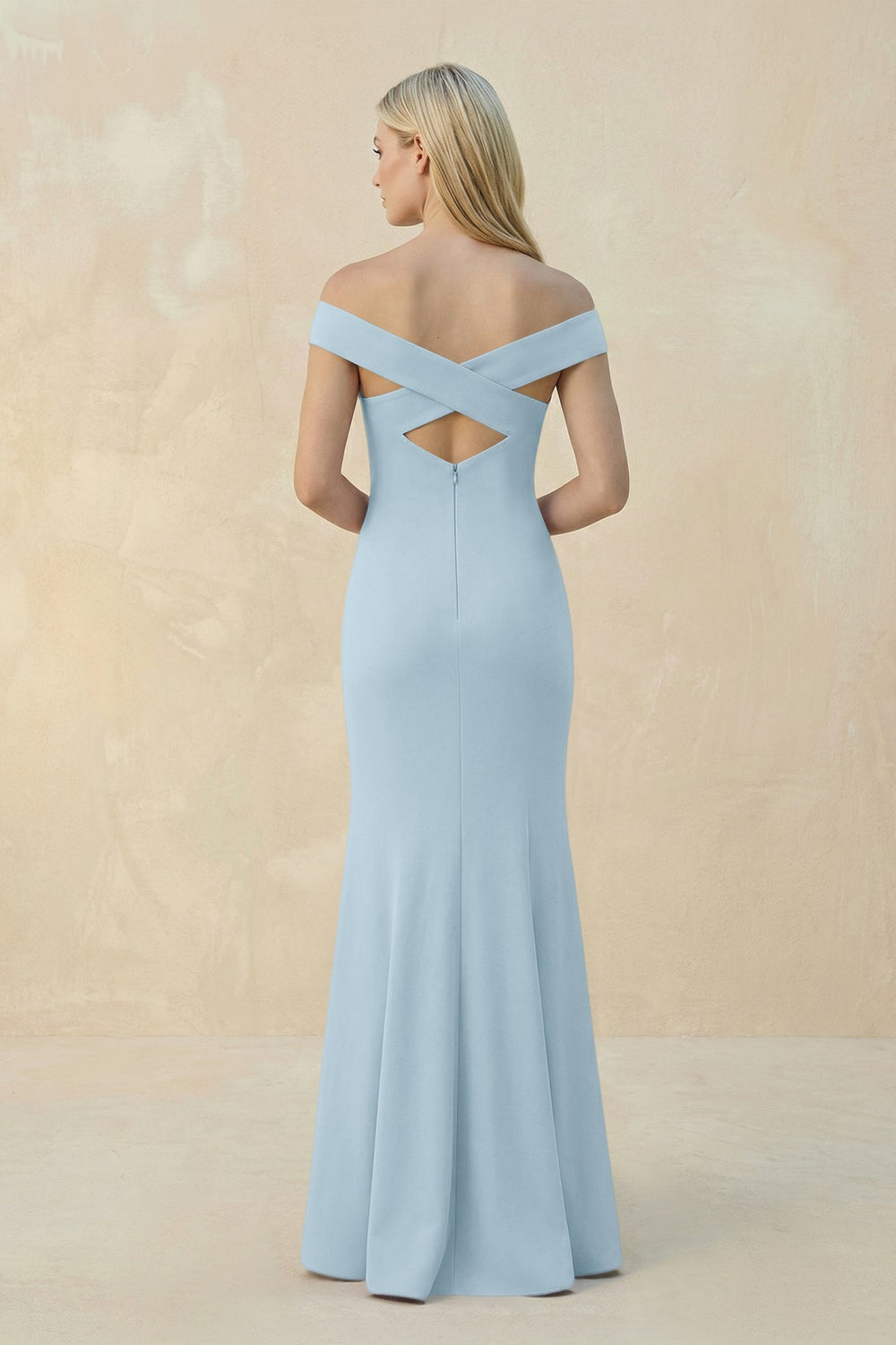 Off - the - Shoulder Sheath Matte Satin Bridesmaid Dress in Bleached Aqua - SHE IS ME Bridesmaid Dresses