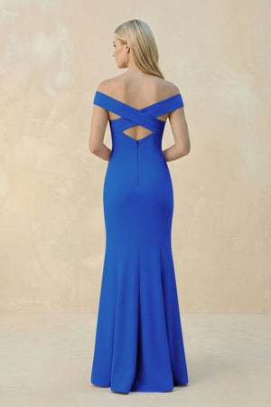 Off - the - Shoulder Sheath Matte Satin Bridesmaid Dress in Blue Jay - KISS BRIDAL Bridesmaid Dresses