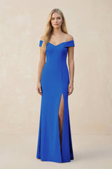 Off - the - Shoulder Sheath Matte Satin Bridesmaid Dress in Blue Jay - KISS BRIDAL Bridesmaid Dresses