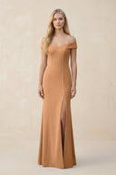Off - the - Shoulder Sheath Matte Satin Bridesmaid Dress in Bronzer - SHE IS ME Bridesmaid Dresses