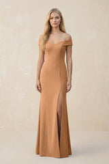Off - the - Shoulder Sheath Matte Satin Bridesmaid Dress in Bronzer - KISS BRIDAL Bridesmaid Dresses