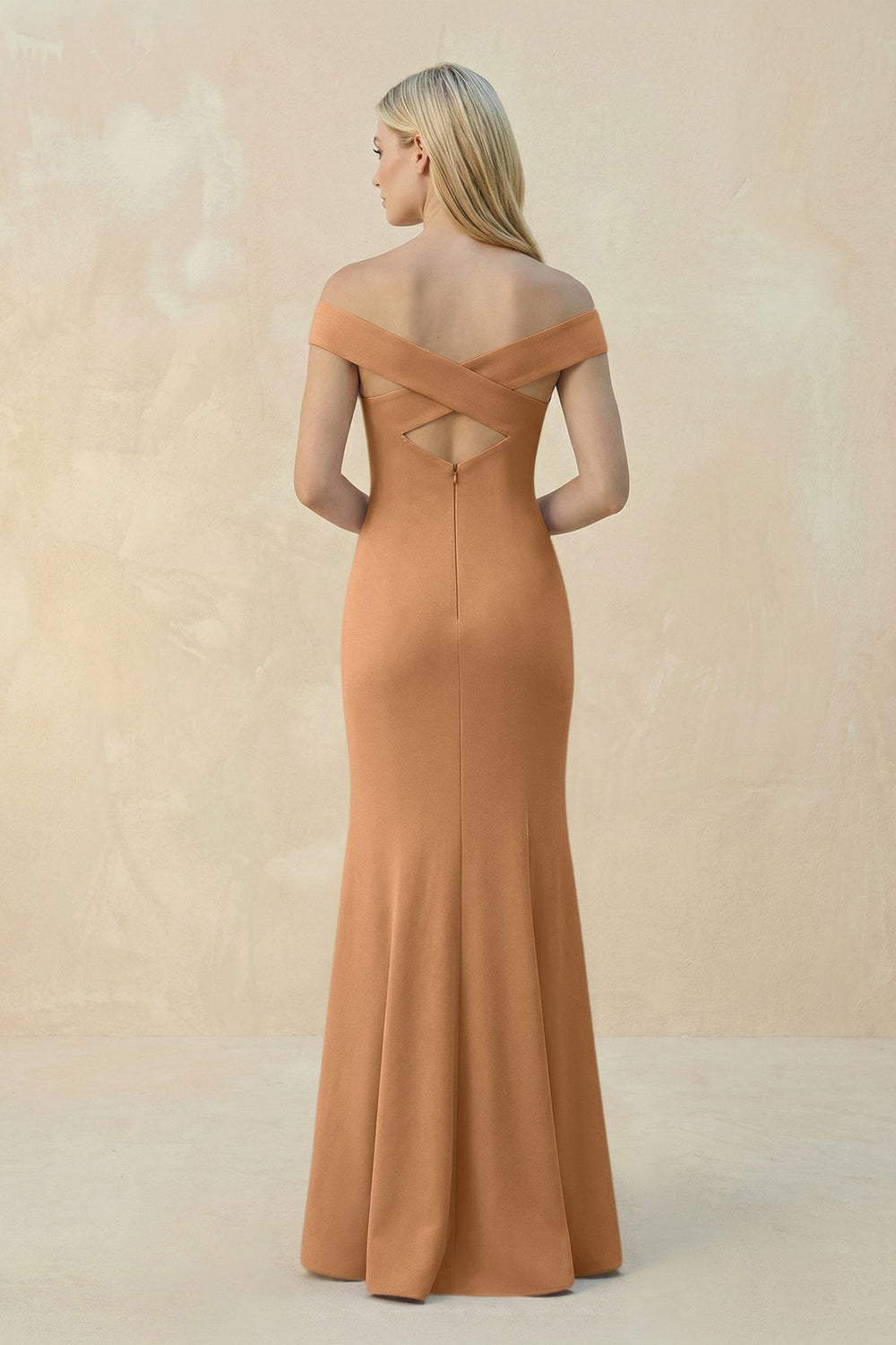 Off - the - Shoulder Sheath Matte Satin Bridesmaid Dress in Bronzer - KISS BRIDAL Bridesmaid Dresses