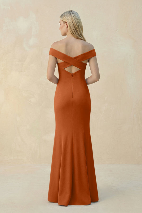 Off - the - Shoulder Sheath Matte Satin Bridesmaid Dress in Brown - KISS BRIDAL Bridesmaid Dresses