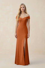 Off - the - Shoulder Sheath Matte Satin Bridesmaid Dress in Brown - KISS BRIDAL Bridesmaid Dresses