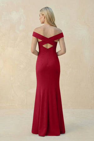 Off - the - Shoulder Sheath Matte Satin Bridesmaid Dress in Burgundy - KISS BRIDAL Bridesmaid Dresses