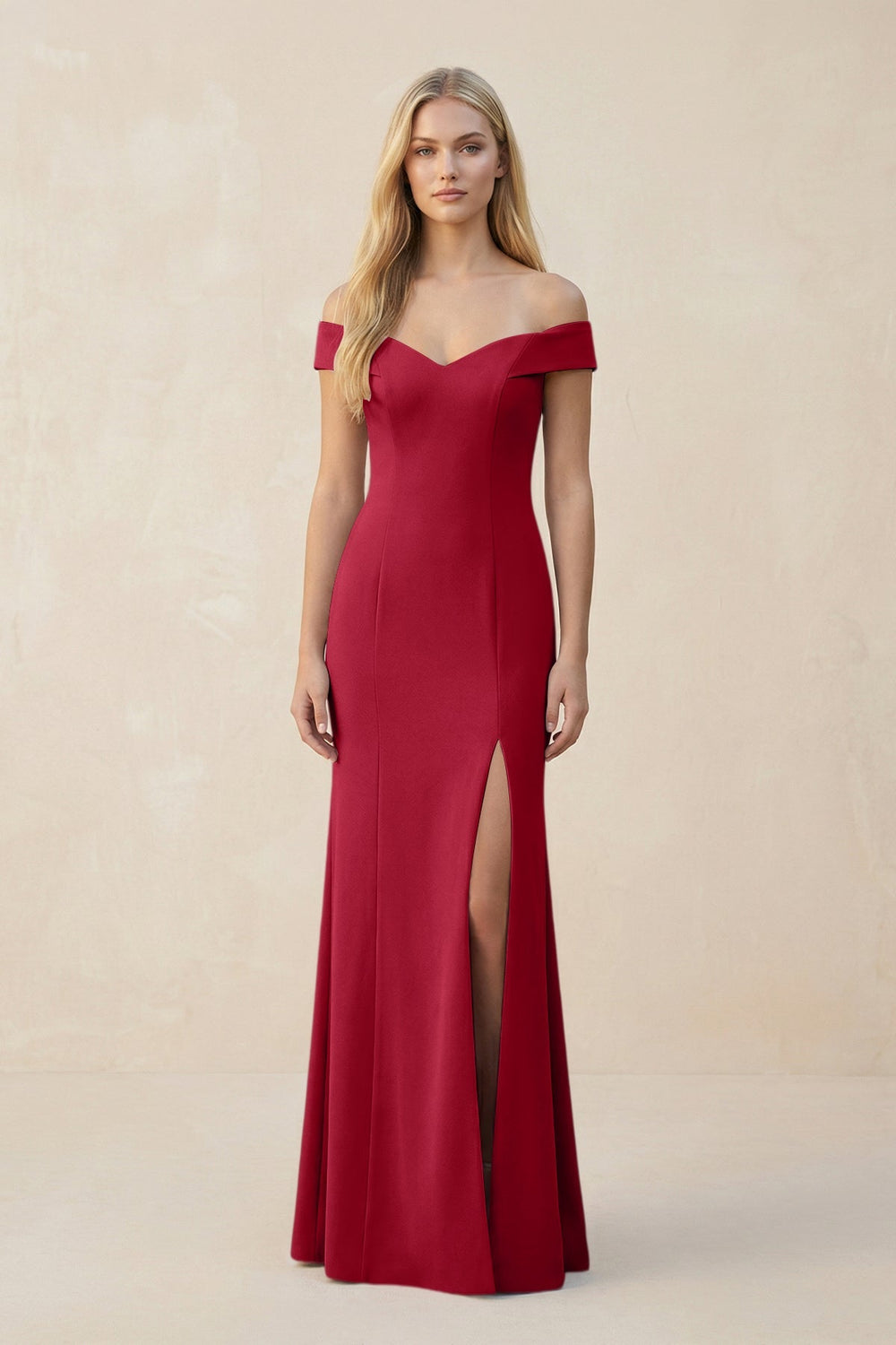 Off - the - Shoulder Sheath Matte Satin Bridesmaid Dress in Burgundy - SHE IS ME Bridesmaid Dresses