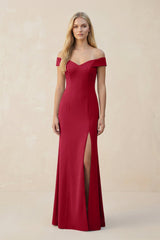 Off - the - Shoulder Sheath Matte Satin Bridesmaid Dress in Burgundy - KISS BRIDAL Bridesmaid Dresses