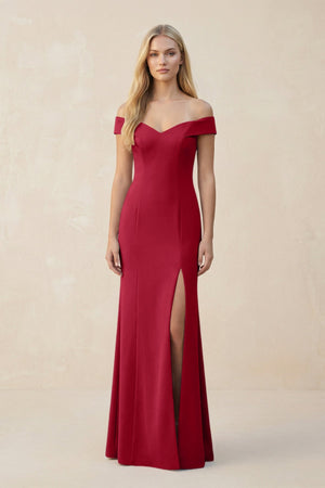Off - the - Shoulder Sheath Matte Satin Bridesmaid Dress in Burgundy - KISS BRIDAL Bridesmaid Dresses