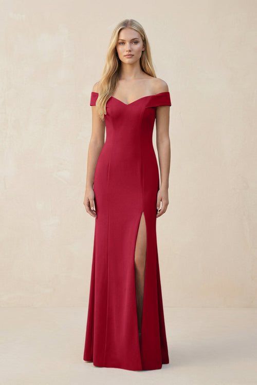 Off - the - Shoulder Sheath Matte Satin Bridesmaid Dress in Burgundy - KISS BRIDAL Bridesmaid Dresses