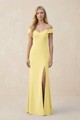 Off - the - Shoulder Sheath Matte Satin Bridesmaid Dress in Buttercup - KISS BRIDAL Bridesmaid Dresses