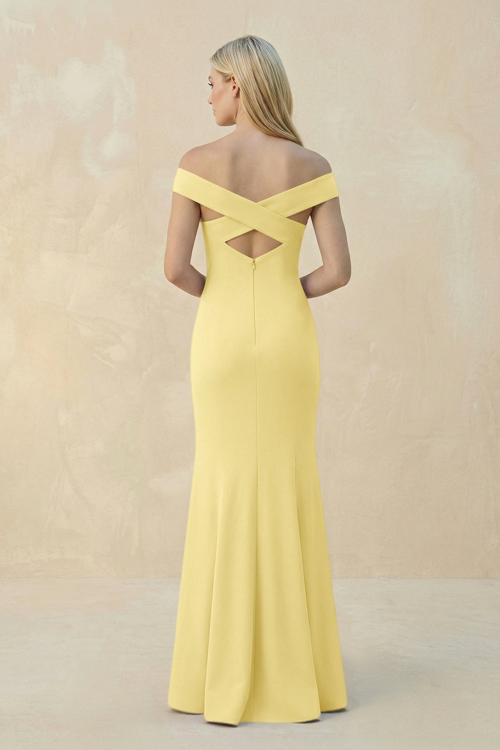 Off - the - Shoulder Sheath Matte Satin Bridesmaid Dress in Buttercup - KISS BRIDAL Bridesmaid Dresses