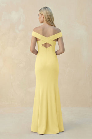 Off - the - Shoulder Sheath Matte Satin Bridesmaid Dress in Buttercup - KISS BRIDAL Bridesmaid Dresses