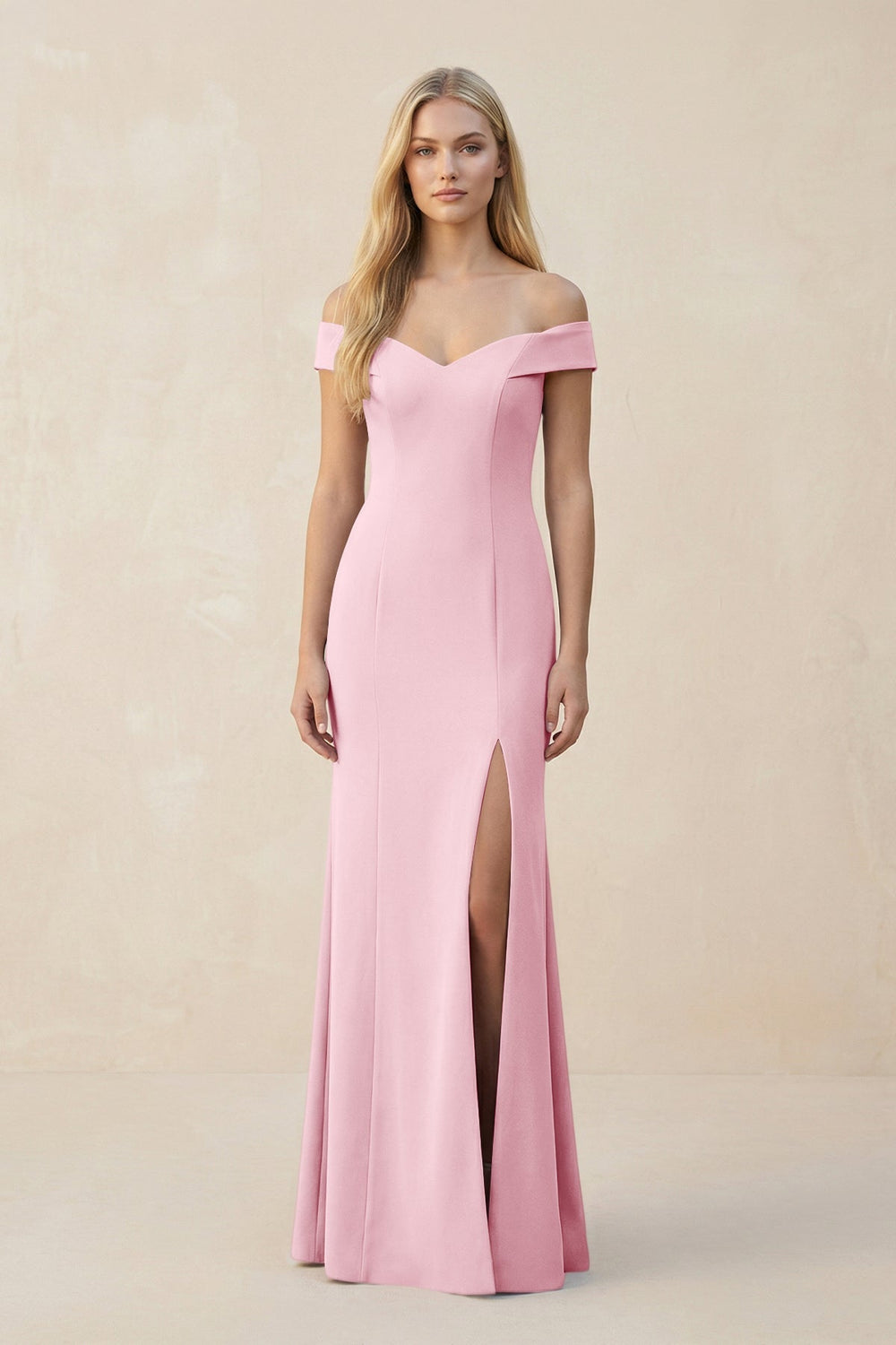 Off - the - Shoulder Sheath Matte Satin Bridesmaid Dress in Candy Pink - KISS BRIDAL Bridesmaid Dresses