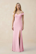 Off - the - Shoulder Sheath Matte Satin Bridesmaid Dress in Candy Pink - KISS BRIDAL Bridesmaid Dresses