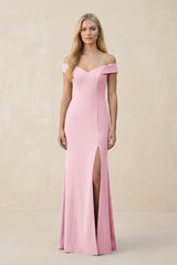 Off - the - Shoulder Sheath Matte Satin Bridesmaid Dress in Candy Pink - KISS BRIDAL Bridesmaid Dresses