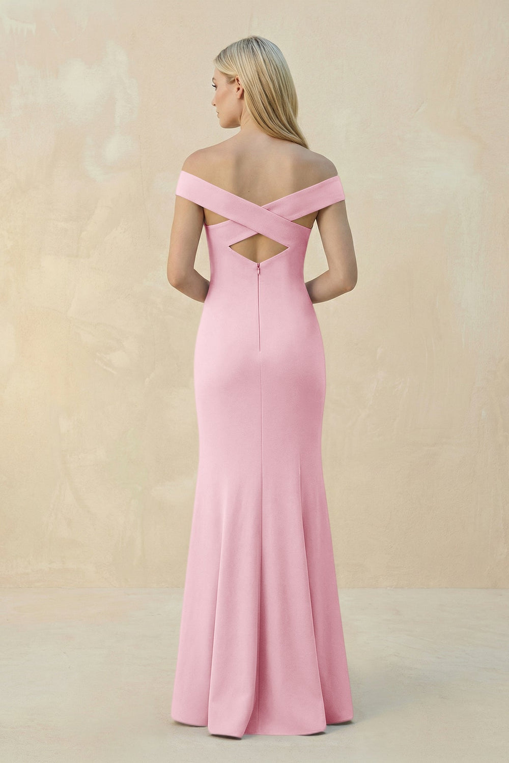 Off - the - Shoulder Sheath Matte Satin Bridesmaid Dress in Candy Pink - KISS BRIDAL Bridesmaid Dresses