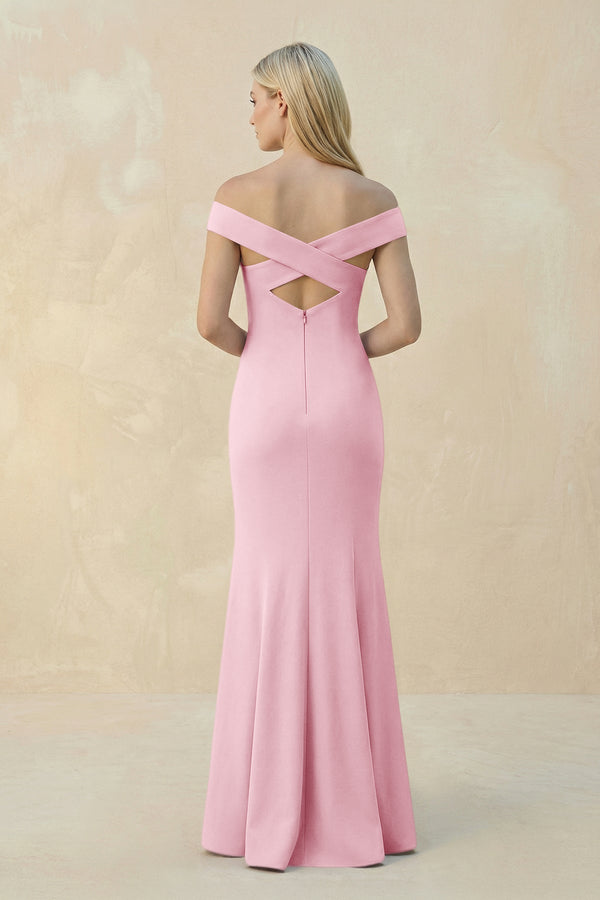 Off - the - Shoulder Sheath Matte Satin Bridesmaid Dress in Candy Pink - KISS BRIDAL Bridesmaid Dresses