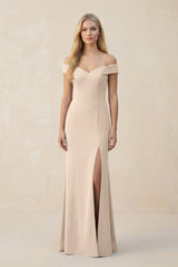 Off - the - Shoulder Sheath Matte Satin Bridesmaid Dress in Champagne - KISS BRIDAL Bridesmaid Dresses