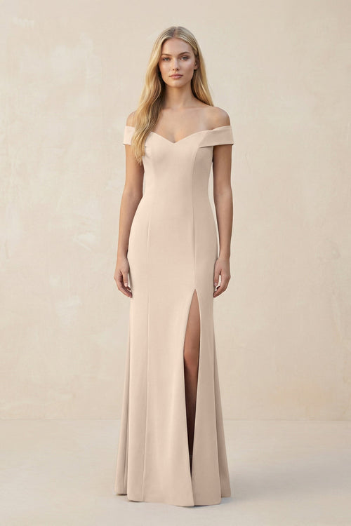 Off - the - Shoulder Sheath Matte Satin Bridesmaid Dress in Champagne - KISS BRIDAL Bridesmaid Dresses