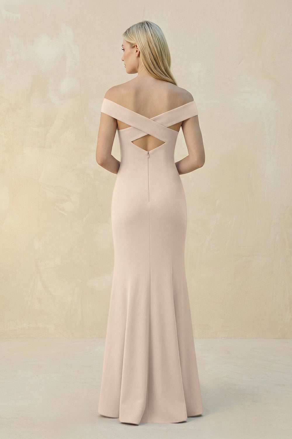 Off - the - Shoulder Sheath Matte Satin Bridesmaid Dress in Champagne - KISS BRIDAL Bridesmaid Dresses