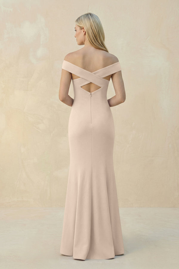 Off - the - Shoulder Sheath Matte Satin Bridesmaid Dress in Champagne - KISS BRIDAL Bridesmaid Dresses