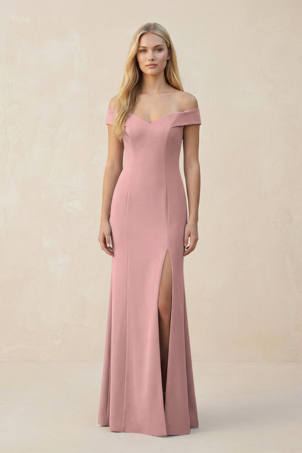 Off - the - Shoulder Sheath Matte Satin Bridesmaid Dress in Champagne Rose - KISS BRIDAL Bridesmaid Dresses