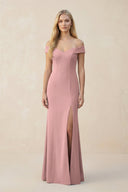 Off - the - Shoulder Sheath Matte Satin Bridesmaid Dress in Champagne Rose - KISS BRIDAL Bridesmaid Dresses