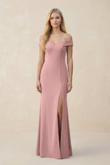 Off - the - Shoulder Sheath Matte Satin Bridesmaid Dress in Champagne Rose - KISS BRIDAL Bridesmaid Dresses